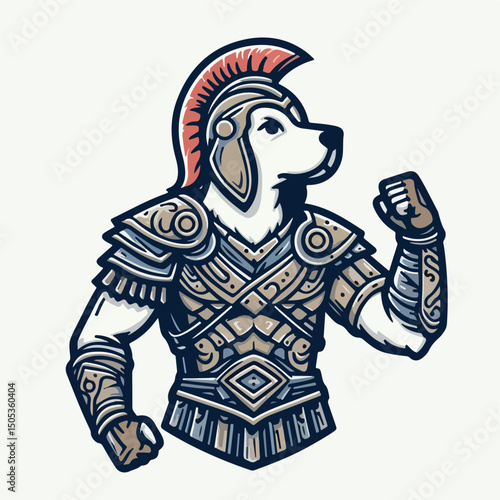 Warrior Dog: An illustrated husky stands tall, adorned in ornate ancient armor, ready for battle, embodying strength and valor.