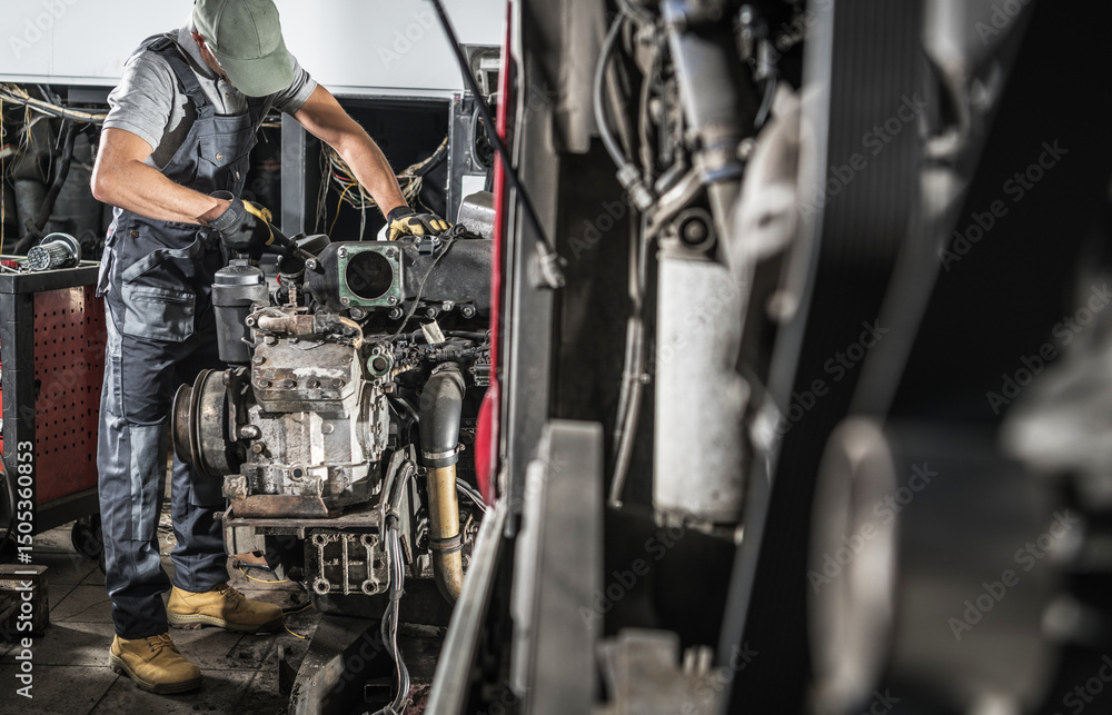 Fototapeta premium Mechanic Repairs Engine in Workshop While Wearing Gloves and Work Attire