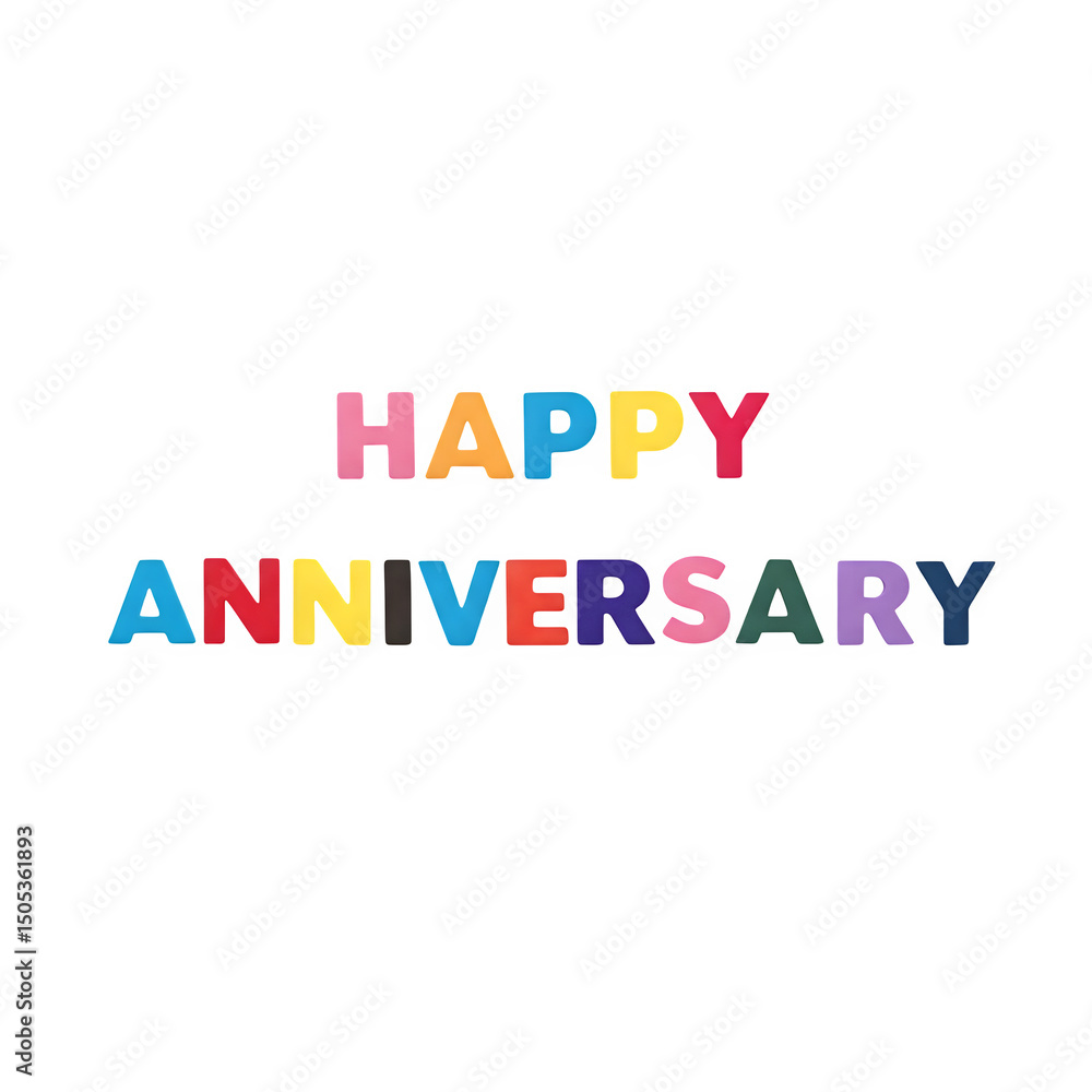 Happy Anniversary in vibrant rainbow colors on white.
Happy Anniversary in vibrant rainbow colors on white.