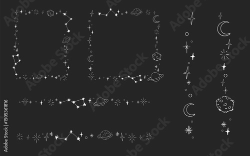 Celestial doodle border, falling star blink divider. Hand drawn ornament with stars, planets, meteorite and moon. Space magic simple decor.