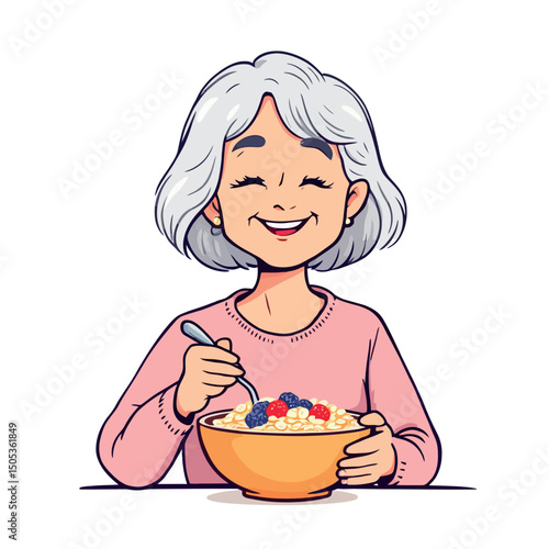 Vsai happy senior woman enjoying a healthy breakfast of oatmeal with berries