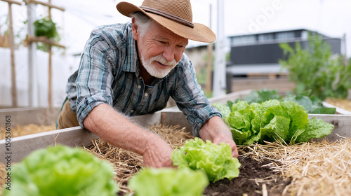 Senior man tending lettuce in raised bed
