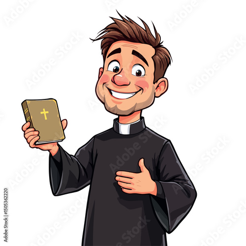 Vsai cartoon priest showing a bible and spreading his hand