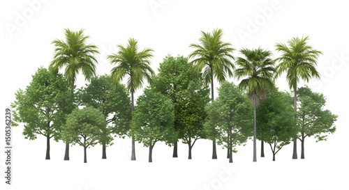 Lush Green Trees and Palms with Dense Foliage on Transparent Background
