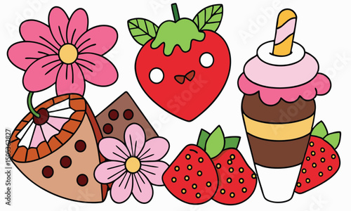 Fresh, ripe red strawberries and juicy strawberry and chocolate dessert vector illustrations