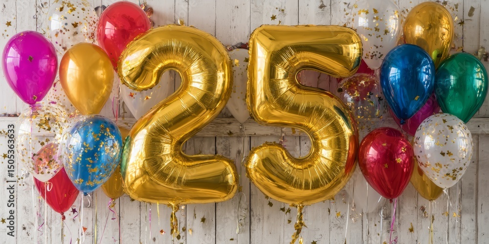 Fototapeta premium Golden Number 25 Balloons For 25th Birthday Or Anniversary Celebration With Colorful Balloons