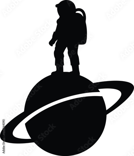Astronaut Standing on Saturn Vector Art – Space Explorer Silhouette Design

