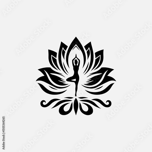 Serene yoga practitioner silhouette gracefully positioned within intricate lotus flower mandala vector design