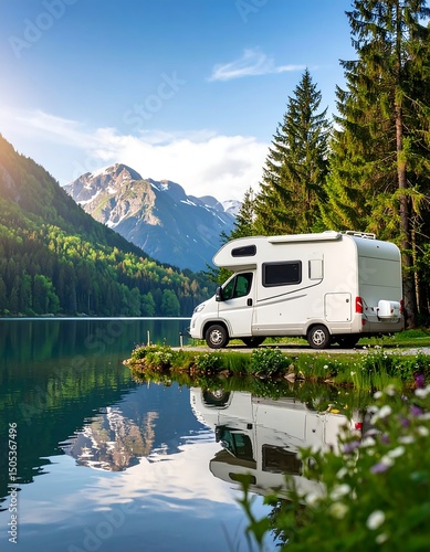 A vibrant camper van, painted in cheerful colors, is parked on the tranquil shore of a serene lake, surrounded by lush greenery and distant mountains.