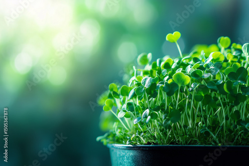 Green sprouts growing, springtime microgreen farming, home gardening and growing greenery indoors. Garden cress. Green background, copyspace for your text.