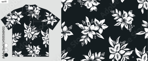 Summer Hawaiian shirt vector pattern with hand drawn hibiscus and tropical leaves, fabric print mockup design for beach fashion presentation, floral textile, not made by AI