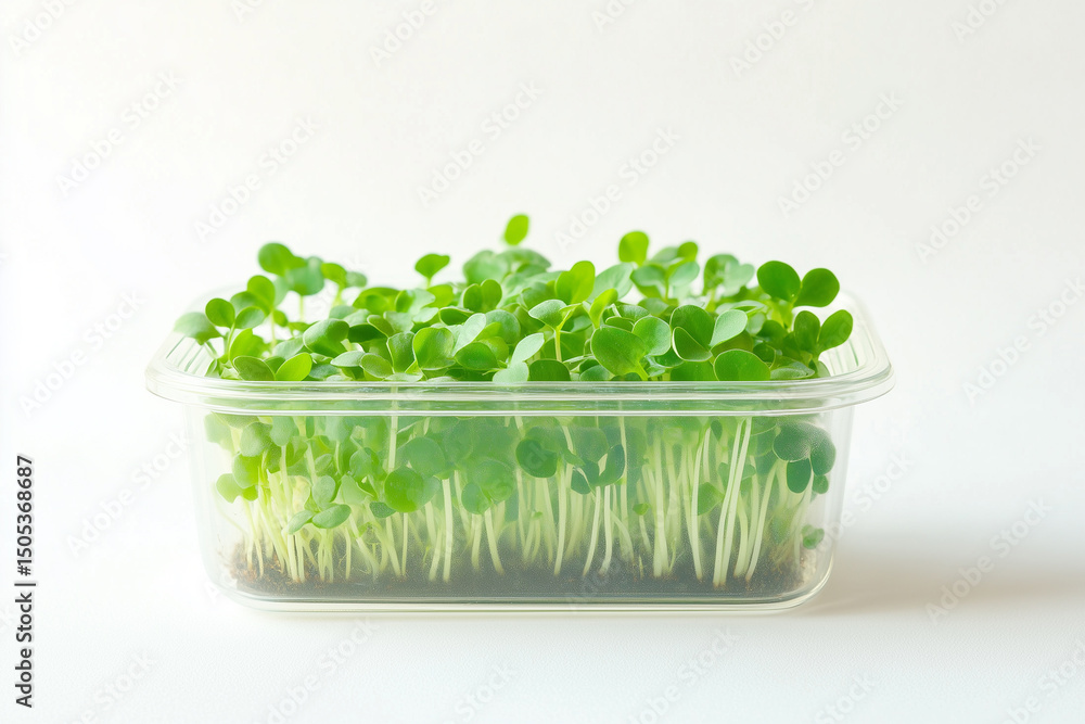 Springtime microgreen farming, home gardening and growing greenery indoors. Garden cress. Green sprouts growing in a transparent container. Springtime microgreen farming, home gardening and growing greenery indoors. Garden cress. Green sprouts growing in a transparent container.