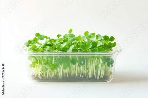 Springtime microgreen farming, home gardening and growing greenery indoors. Garden cress. Green sprouts growing in a transparent container.
