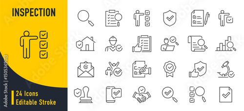 Inspection web icons in line style. Examination, testing, quality control, check, inspect, collection. Vector illustration.