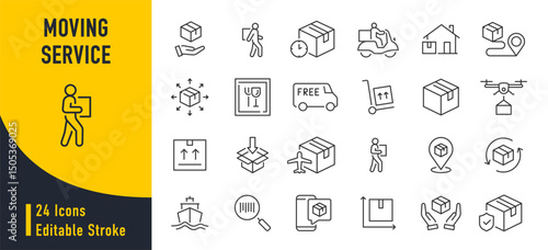 Moving Service web icons in line style. Courier, office move, packing, loaders, collection. Vector illustration.