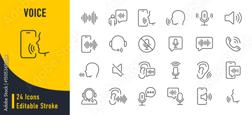 Voice web icons in line style. Sound wave, voice recognition, message, audio, speech, collection. Vector illustration.