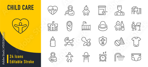 Child care web icons in line style editable stroke. Nurse, healthy eating, sleep, hygiene, crib, toys, infant, collection. Vector illustration.