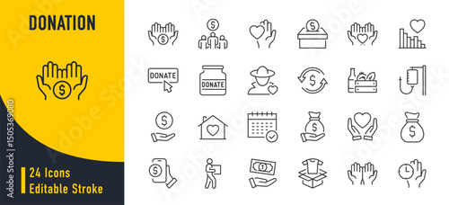 Donation web icons in line style. Charity, now, money, nonprofit, donor, volunteer, community, collection. Vector illustration.