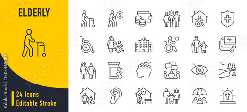 WebElderly web icons in line style editable stroke. Care, pension, senior, grandparents, wheelchair, doctor, alzheimer, caregiver, retirement, collection. Vector illustration.