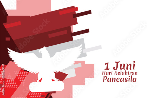 Translation: June 1, Happy birthday Pancasila (1 Juni, selamat hari lahir Pancasila) vector illustration. Suitable for greeting card, poster and banner.