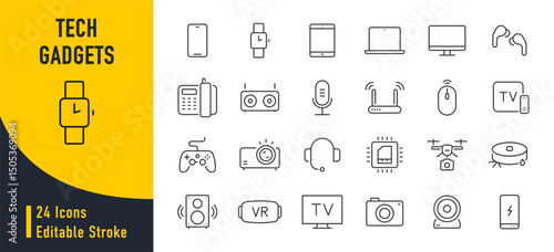 Tech Gadgets web icons in line style. Phone, tablet, laptop, startup, tv, dron, robot, game controler, vr, headphones, projector, collection. Vector illustration.