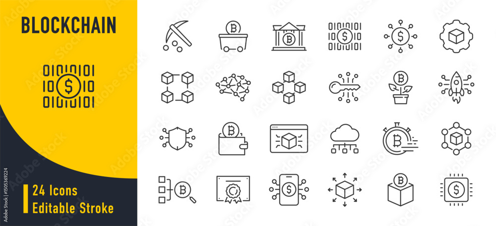 Fototapeta Blockchain web icons in line style. Technology, cryptocurrency, mining, key, transaction, smart contract, collection. Vector illustration.