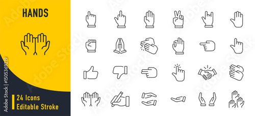 Hands web icons in line style. Handshake, hands holding mobile, click, stop, applause, like, thumbs up. Vector illustration.