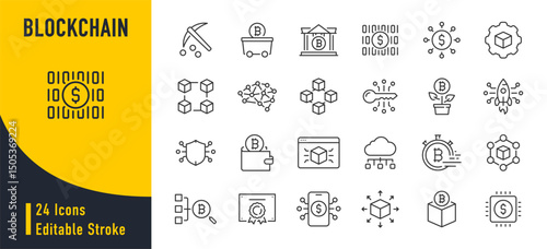 Blockchain web icons in line style. Technology, cryptocurrency, mining, key, transaction, smart contract, collection. Vector illustration.