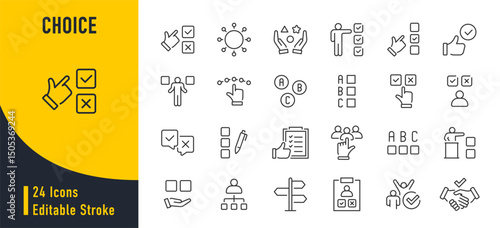 Choice web icons in line style. Option, checkmark, solving, selection, choose, possibility, collection. Vector illustration.