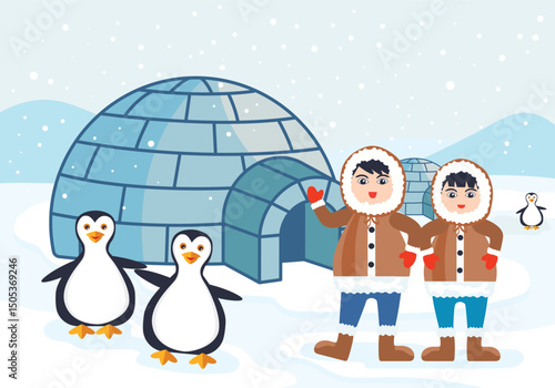 Arctic people inuit vector illustration of eskimos in traditional clothing