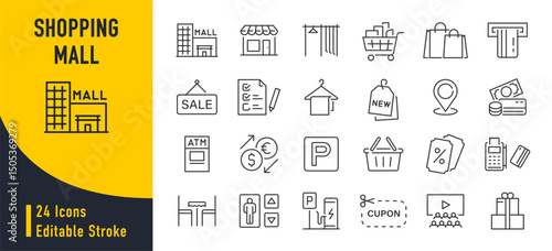Shopping mall web icons in line style. Store, basket, foodcourt, wish list, cinema, parking, elevator, collection. Vector illustration.