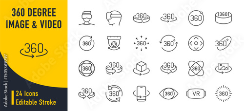 360 Degree image view web icons in line style. Virtual reality, vr glasses, panorama, round, collection. Vector illustration.