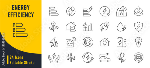 Energy efficiency web icons in line style. Green enegry, power plant, planet care, protection, solar energy. Vector illustration.