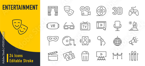 Entertainment web icons in line style. Theatre, cinema, surfing, music, party, VR, TV. Vector illustration.
