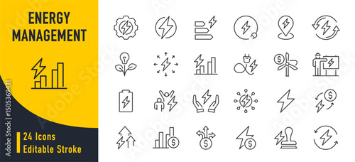 Energy management web icons in line style. Sustainable development, recycling, waste reduction, green energy, climate stability. Vector illustration.
