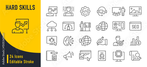 Hard skills web icons in line style. Accounting, coaching, data mining, cloud computing, copywriting, career progress, software, cyber security, artificial intelligence. Vector illustration.