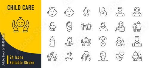 Child care web icons in line style. Care, support, safety, awareness, parenthood. Vector illustration.