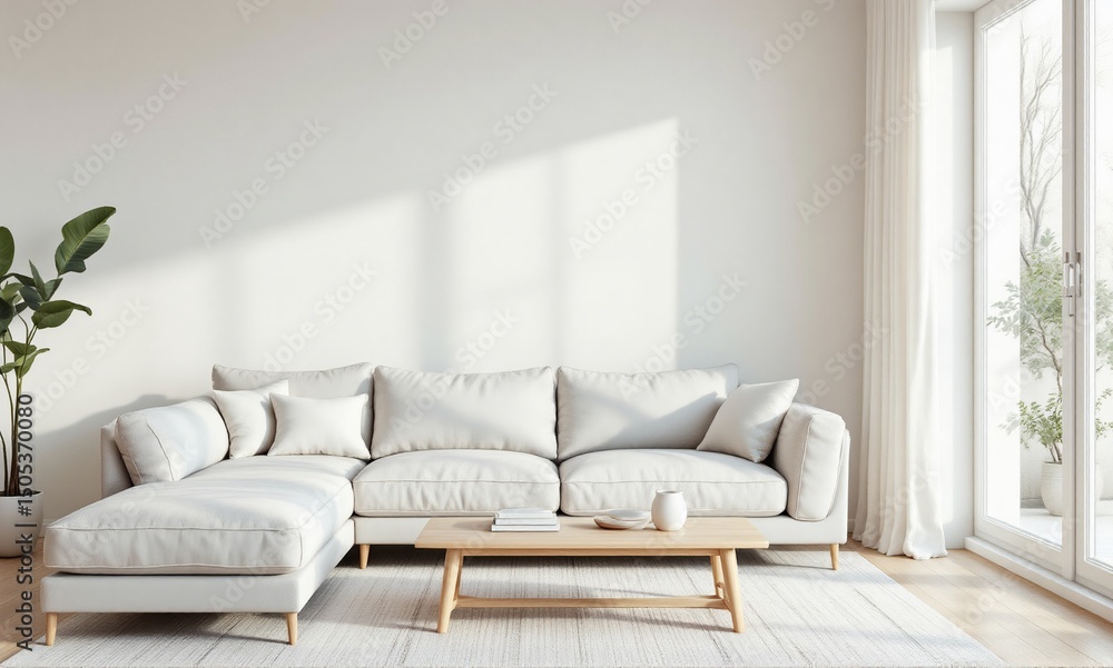 Fototapeta premium Scandinavian style minimalist living room with pastel gray sofa and wood accents