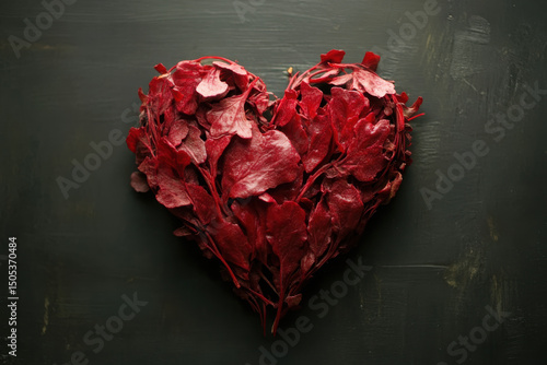 Red Spinach Leaves Forming Heart Shape on Dark Background