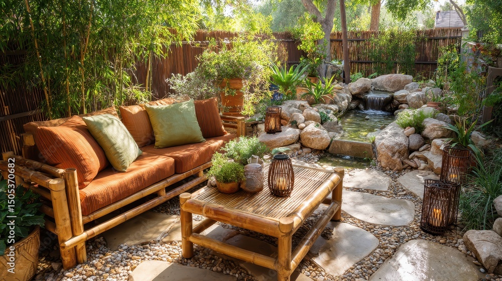 Obraz premium Outdoor patio area with bamboo furniture and a tranquil water feature.