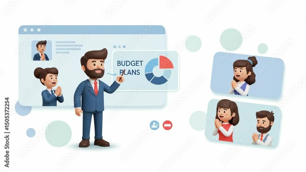Animated business video showing man presenting budget plans during virtual meeting with colleagues Animated business video showing man presenting budget plans during virtual meeting with colleagues