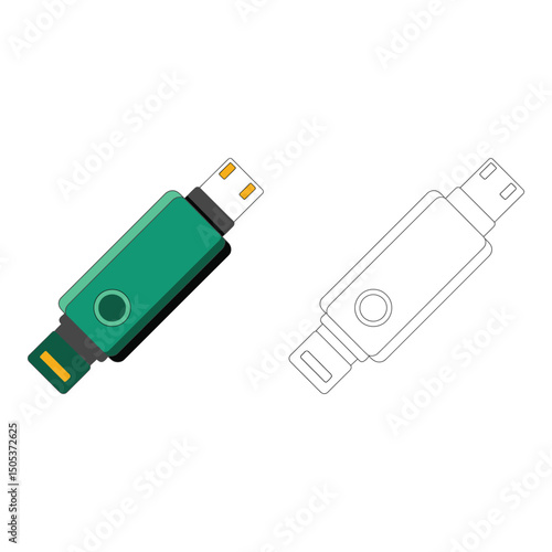 Vector art of Green usb flash drive isolated on white background portable memory storage device technology
