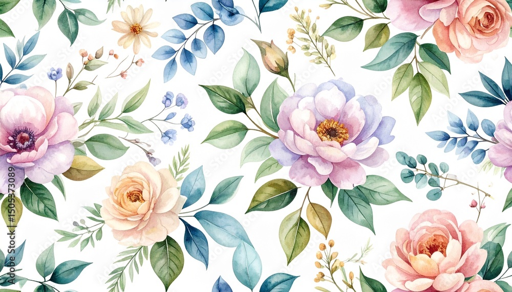 Obraz premium Seamless watercolor flowers and leaf pattern vector illustration design