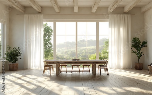 Dining room mockup with wooden table chairs and large windows

