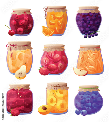 Jam jars set with slice of fruit or berries. Homemade berries and fruit jam, natural organic products. Breakfast food, sweet fruit dessert vector illustration. Winter pot on white background