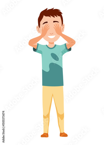 Kid playing hide and seek. Playing game outdoor in summer vacations. Boy having fun outdoors, summer playtime. Vector cartoon illustration