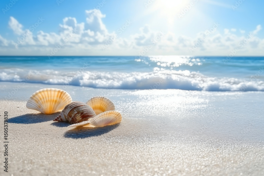 Seashells resting on white sand beach with ocean waves gently lapping the shore on sunny day Seashells resting on white sand beach with ocean waves gently lapping the shore on sunny day
