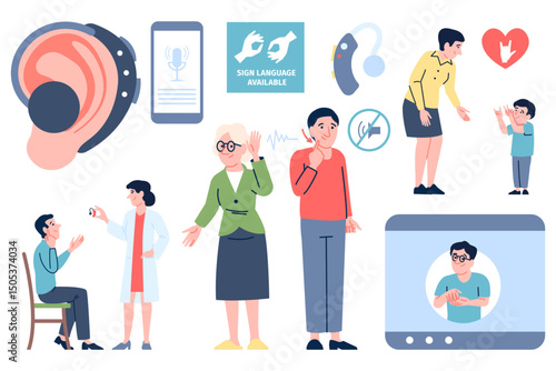 Deaf people aid. Hearing device for ears, doctor and deaf-mute patient, sign language communication. Health problems help, deafness, recent vector set