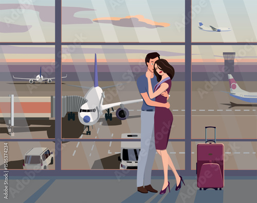 Meeting at the airport terminal. Vector.