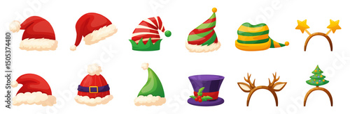 Christmas head accessories. Red santa hat, deer ears and horns, headband with xmas tree and stars. Elves hats with pom poms, nowaday vector set